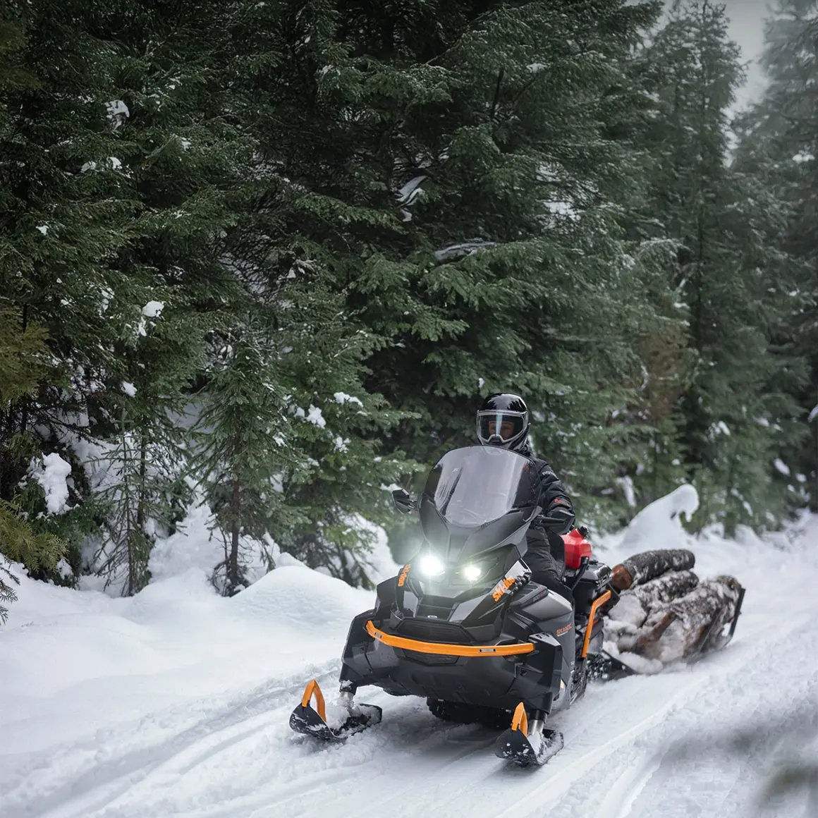 Ski-Doo-arbetsskoter med förare i granskog