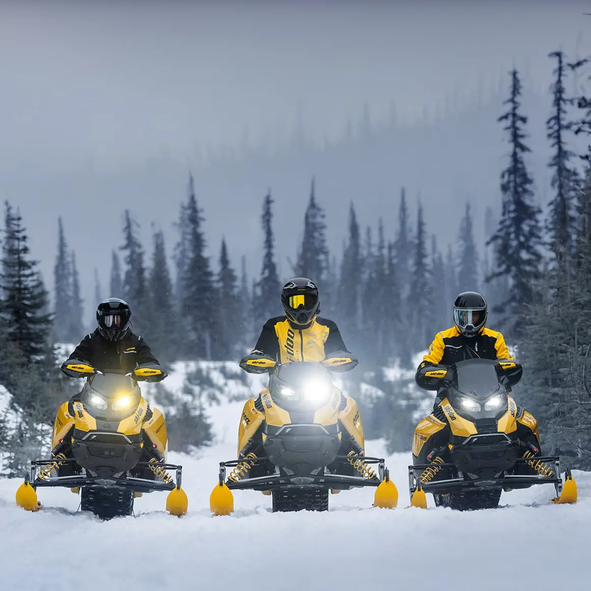 Tre gula Ski-Doo-snöskotrar sida vid sida i snön